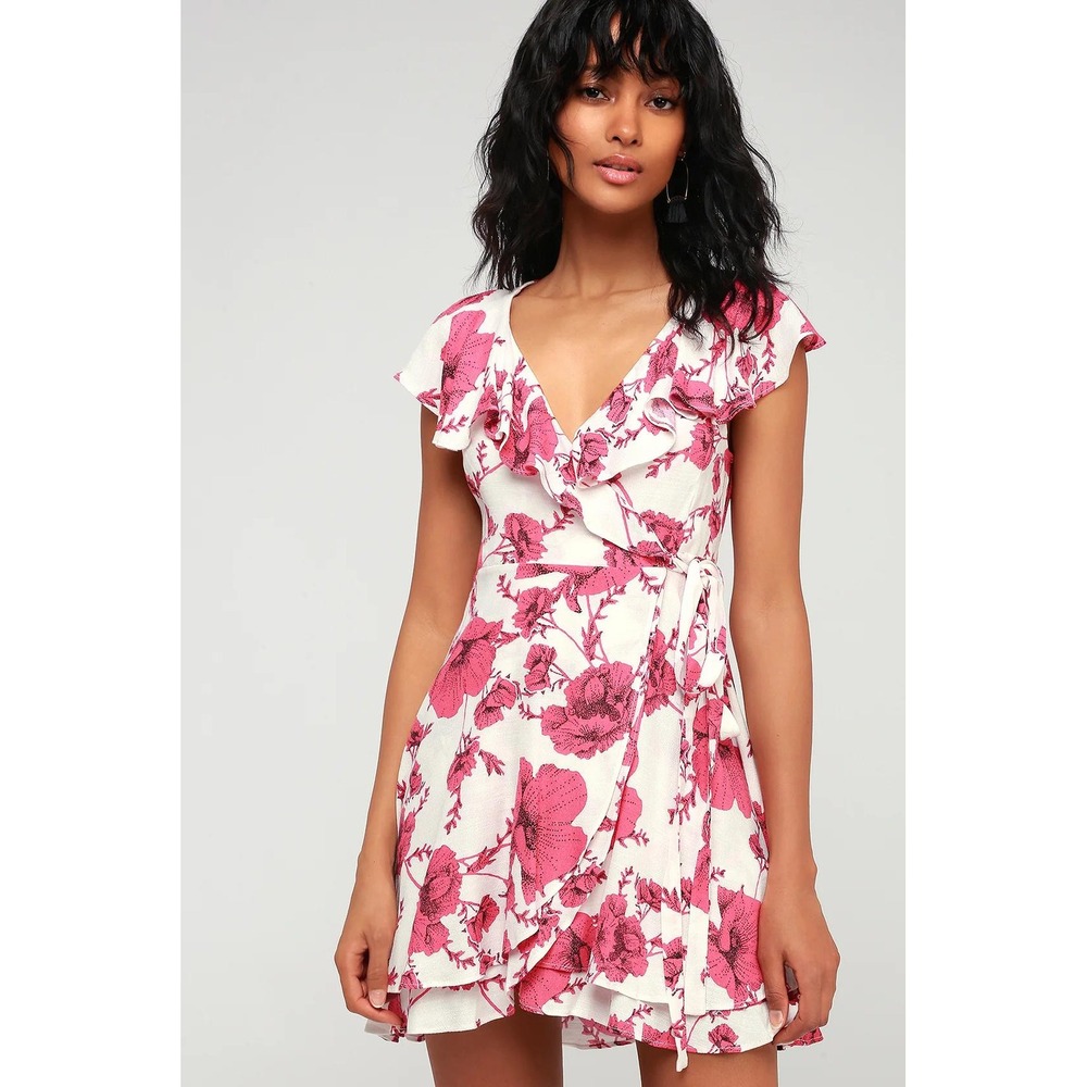 Free People French Quarter Mini Dress Red White Floral Ruffle Wrap Viscose L